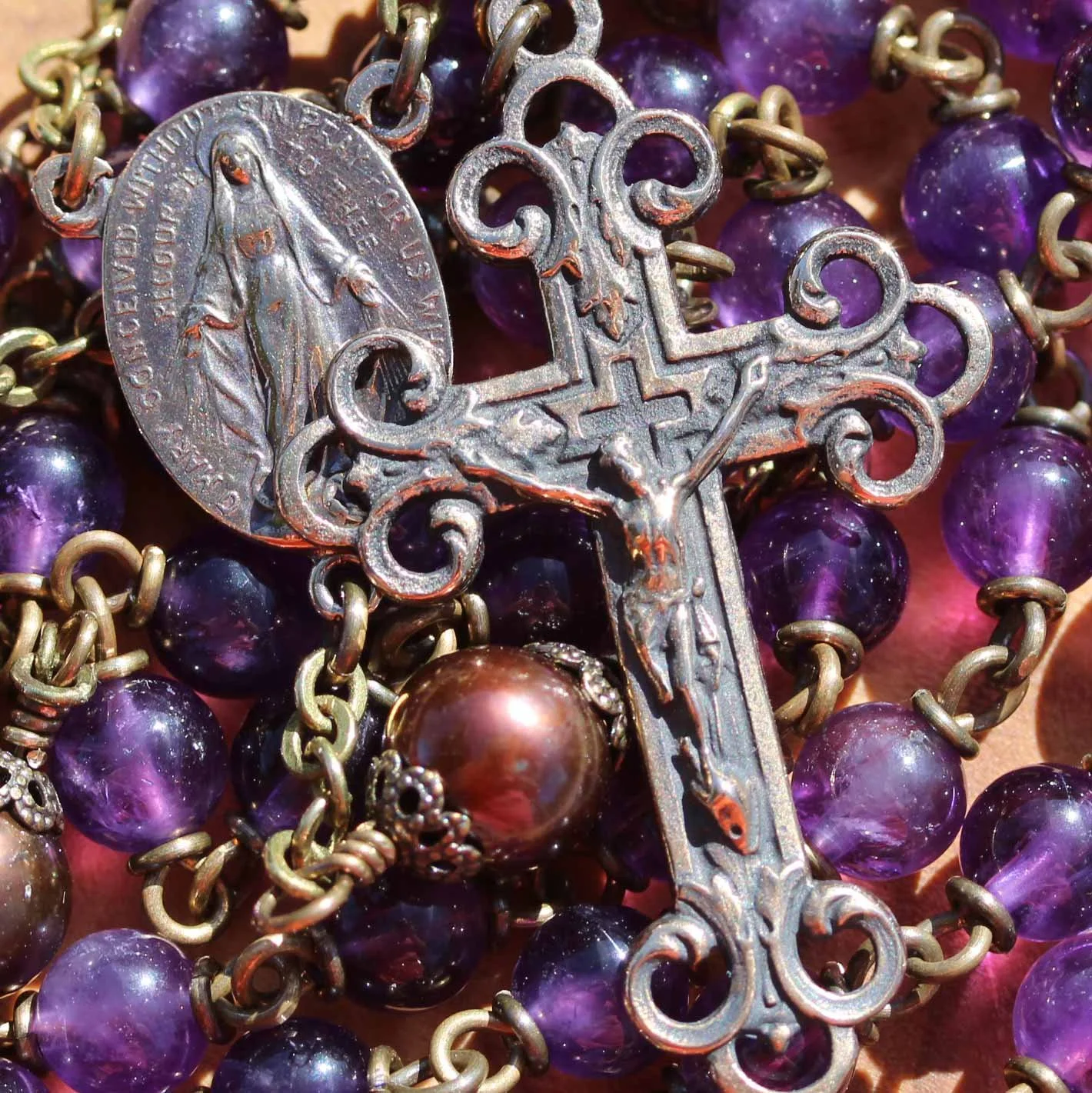 Amethyst &amp; Chocolate Brown Pearls Rosary