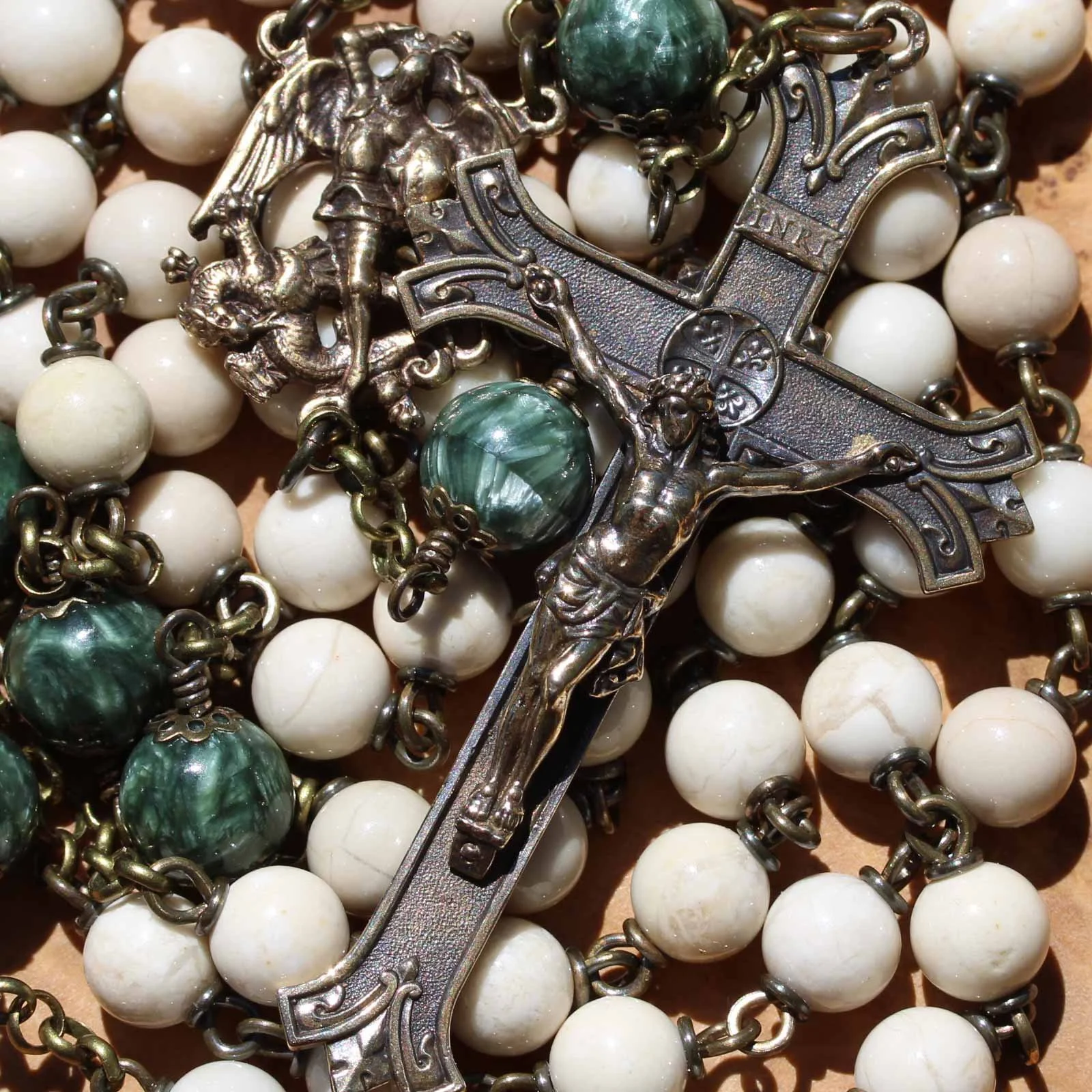 St. Michael Rosary in River stone and Seraphinite