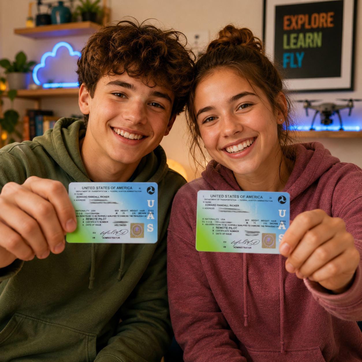Teenagers holding a part 107 FAA drone pilot license.png