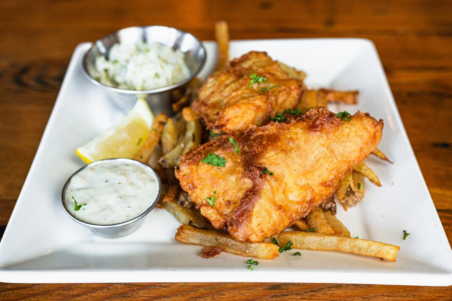 The perfect Fish &amp; Chips is all in the batter. 🐟

We make our beer batter in house daily with our Sky Blue Kolsch. Each piece of cod is battered and fried to crispy perfection then served with hand-cut fries, coleslaw, and housemade tartar sauce