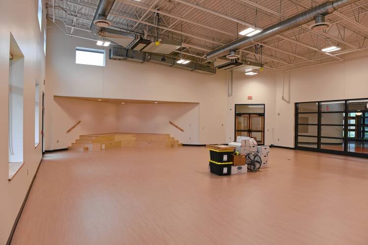  The “all school” room for gatherings, performances and physical education at the new Greenfield Center School on Bernardston Road. STAFF PHOTO/PAUL FRANZ 