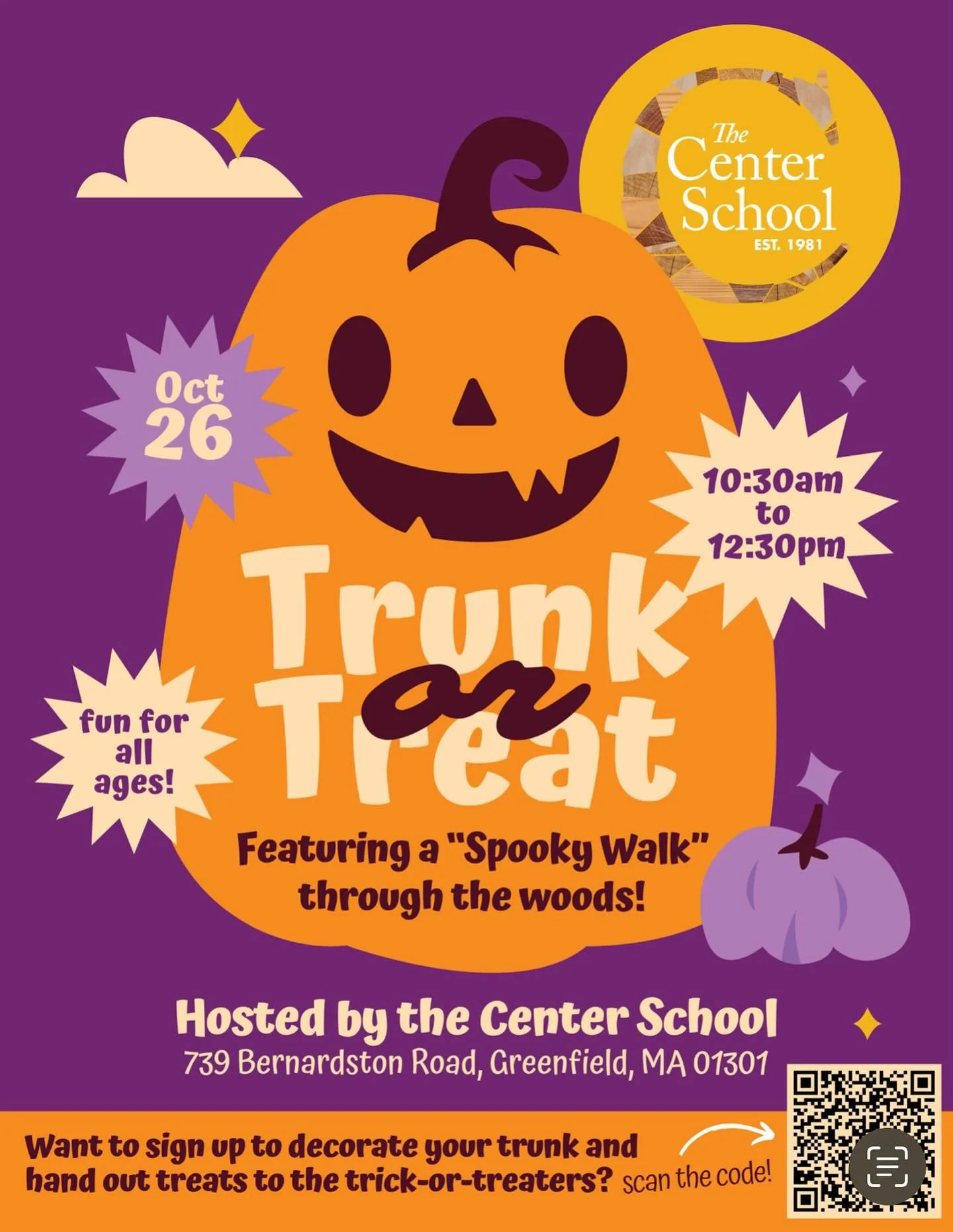Halloween Fun for everyone! 🎃 Join us this Sunday, Oct 26th from 10:30am - 12:30pm for a Trunk or Treat open to the public, plus our students Spooktacular Walk performance 👻 Bring your friends, family, and costumes -- we can't wait to see you there