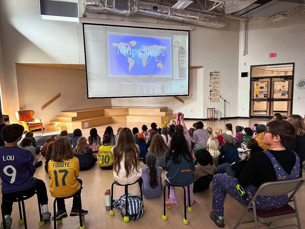 Today the Mups (2nd/3rd grade) debuted Mups News -- a student video featuring interviews with teachers, board members, the Heads of School, and classmates. Preschoolers and our 4th/5th graders packed the audience! After the screening, the Mups took t