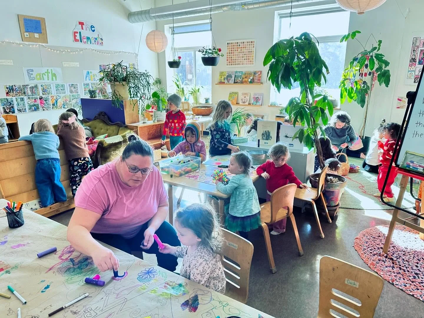 Fridays after All School are for mixed-age magic ✨ Our 2nd - 8th graders choose between a big movement game (Capture the Flag, Monster Tag, Shipwreck...) or "Festival" -- board games, drawing, and time together. Recently, our K/1 class open