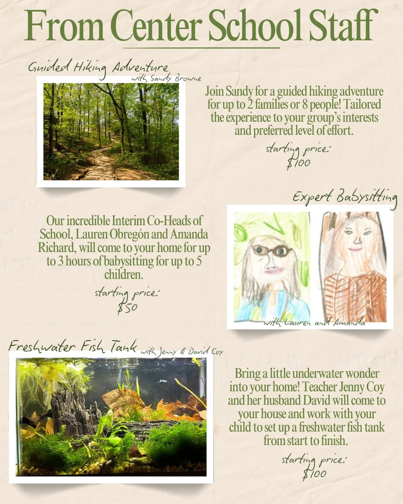 From our very own Center School staff: Hiking! Babysitting! Fishies! And sooo much more. Our auction is now live! 🎉 We have dozens of incredible items and experiences we are lucky enough to offer. We are so grateful for these generous donations from