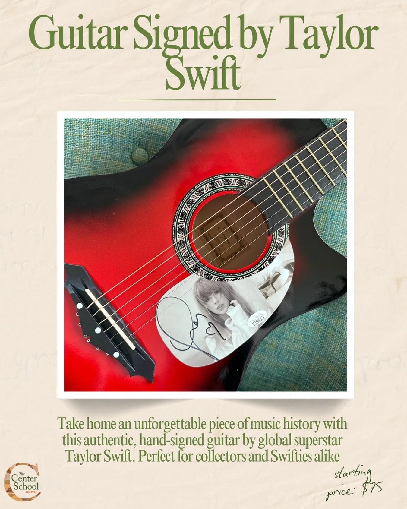 Happy teardrops only on this guitar signed by Taylor Swift! 
This student/travel-sized guitar is perfect for collectors and Swifties alike! A signature certification is included. Make you or a swiftie you know very happy by visiting the auction link 
