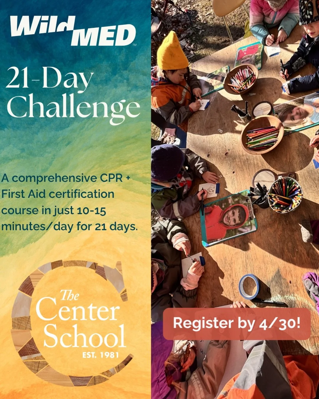 We are so excited to pair up with Wild Med to bring you the 21-Day Challenge! Swipe to see how it works and what you&rsquo;ll learn! You&rsquo;ll learn to take care of each other and support the Center School in the process. We utilize the funds from