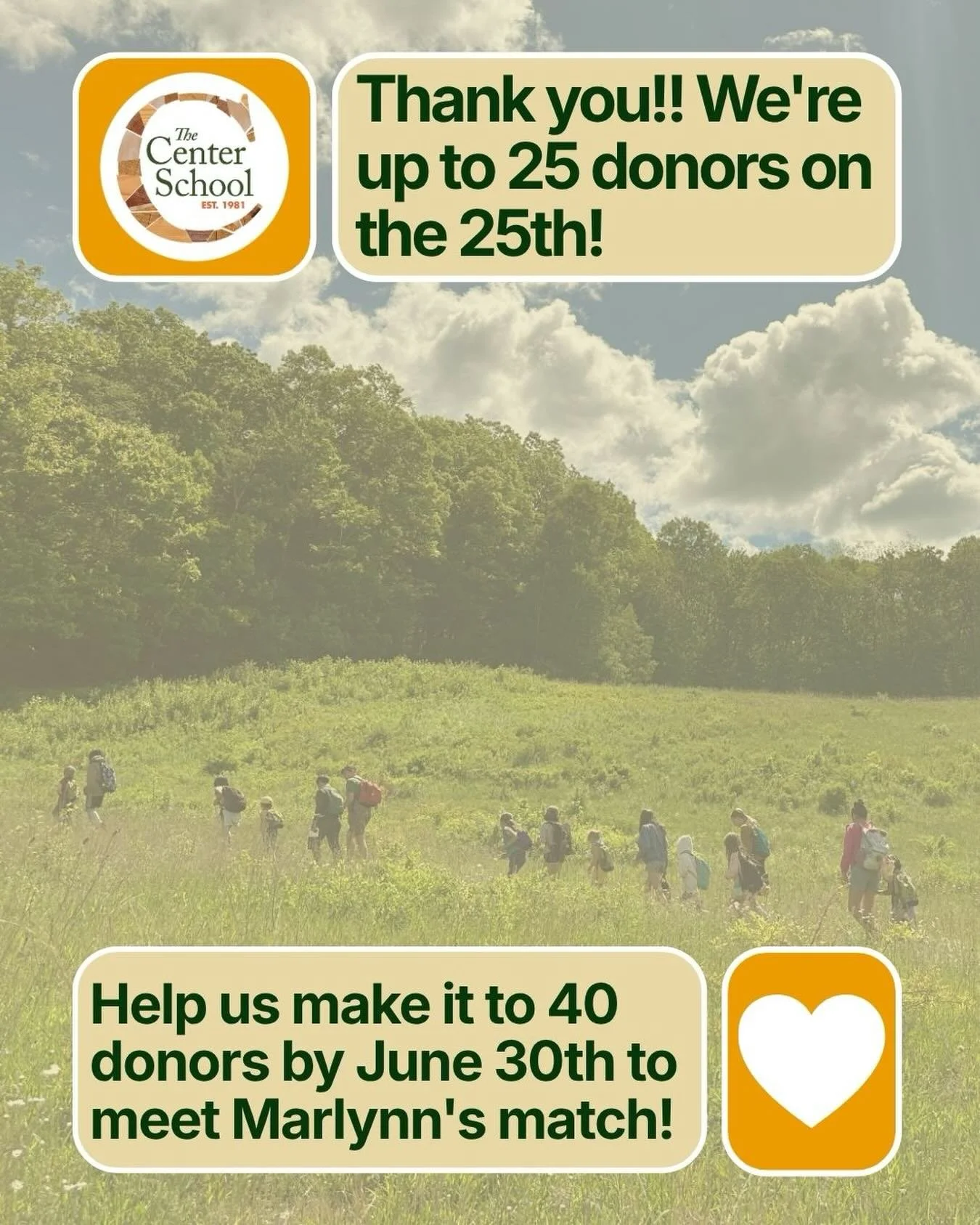 Thank you, Center School Community! We have 25 donors on this 25th of June and are so grateful for your support! We're working towards our goal of 40 donors by June 30th to unlock Marlynn's $10,000 Challenge Gift. If 15 more people make a donation of