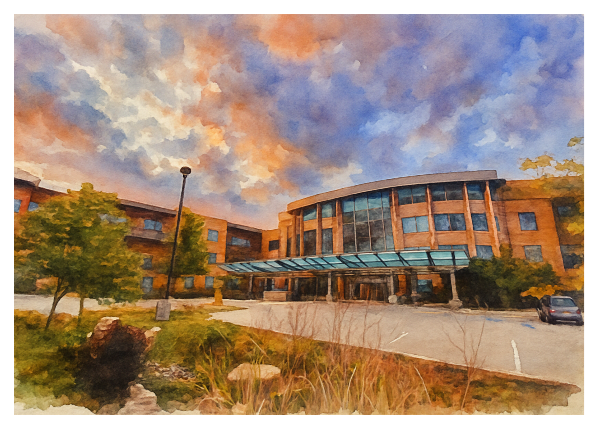 watercolour image of hospice building