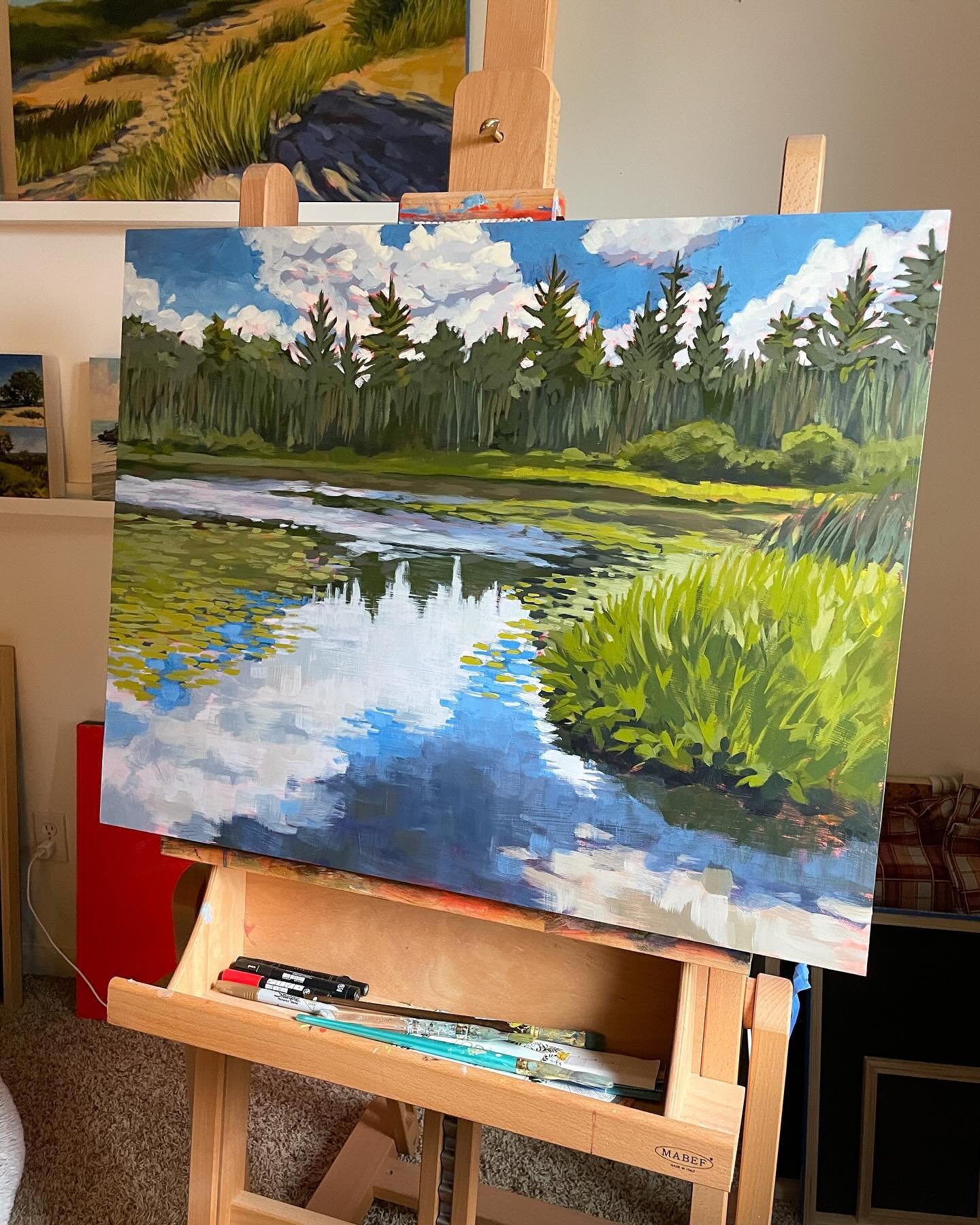 Currently on the easel: this view of Ellis Lake near Interlochen. This will be another painting I&rsquo;ll be exhibiting in my Water Wonderland collection @charlevoixlibrary during the month of May. This group of 20 paintings depicts various water sc