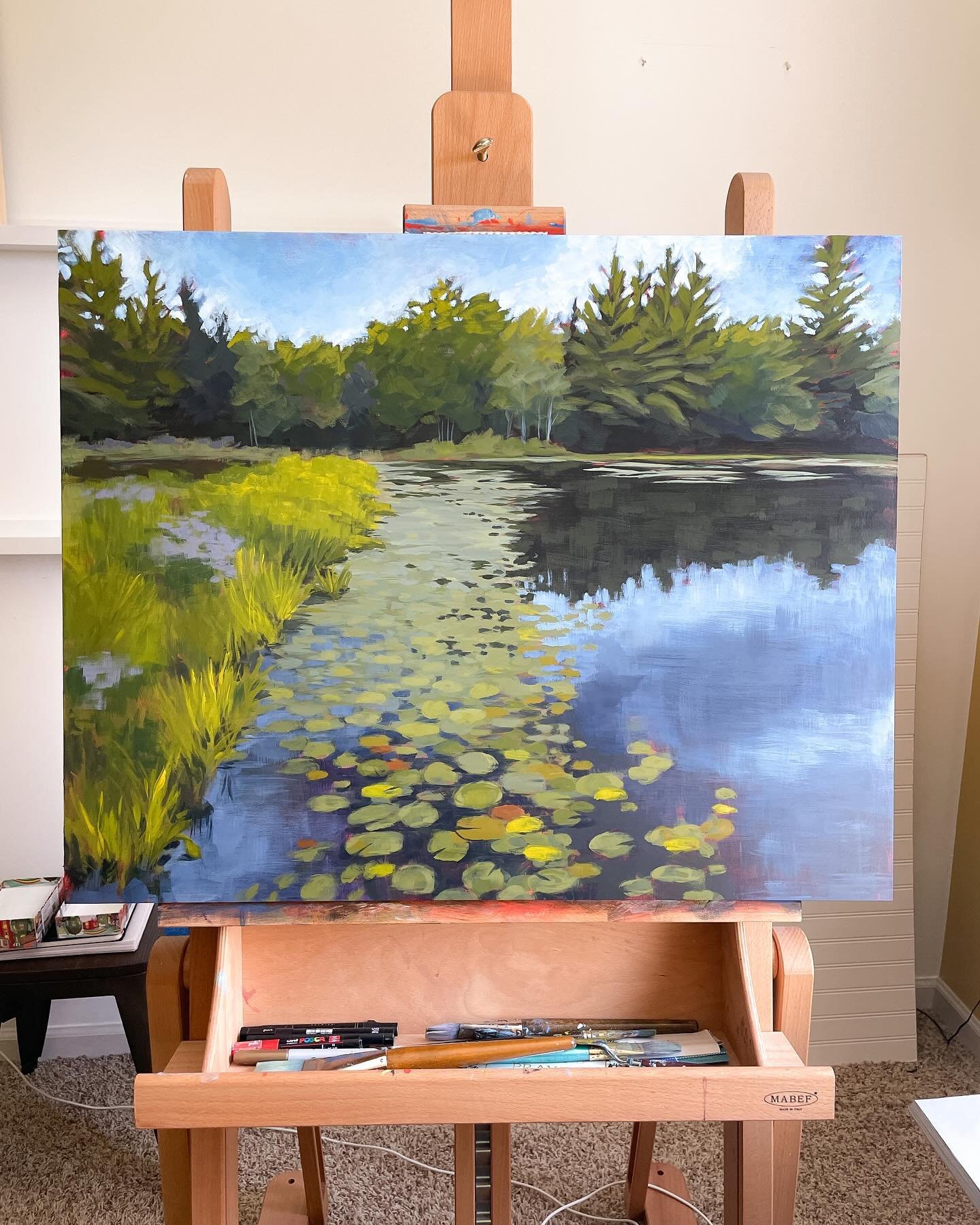 Currently on the easel: the last painting for my Water Wonderland exhibition showing @charlevoixlibrary next month! This painting features Lake Dubonnet, a little lake in the Interlochen area that fell in love with a couple years ago. The area around