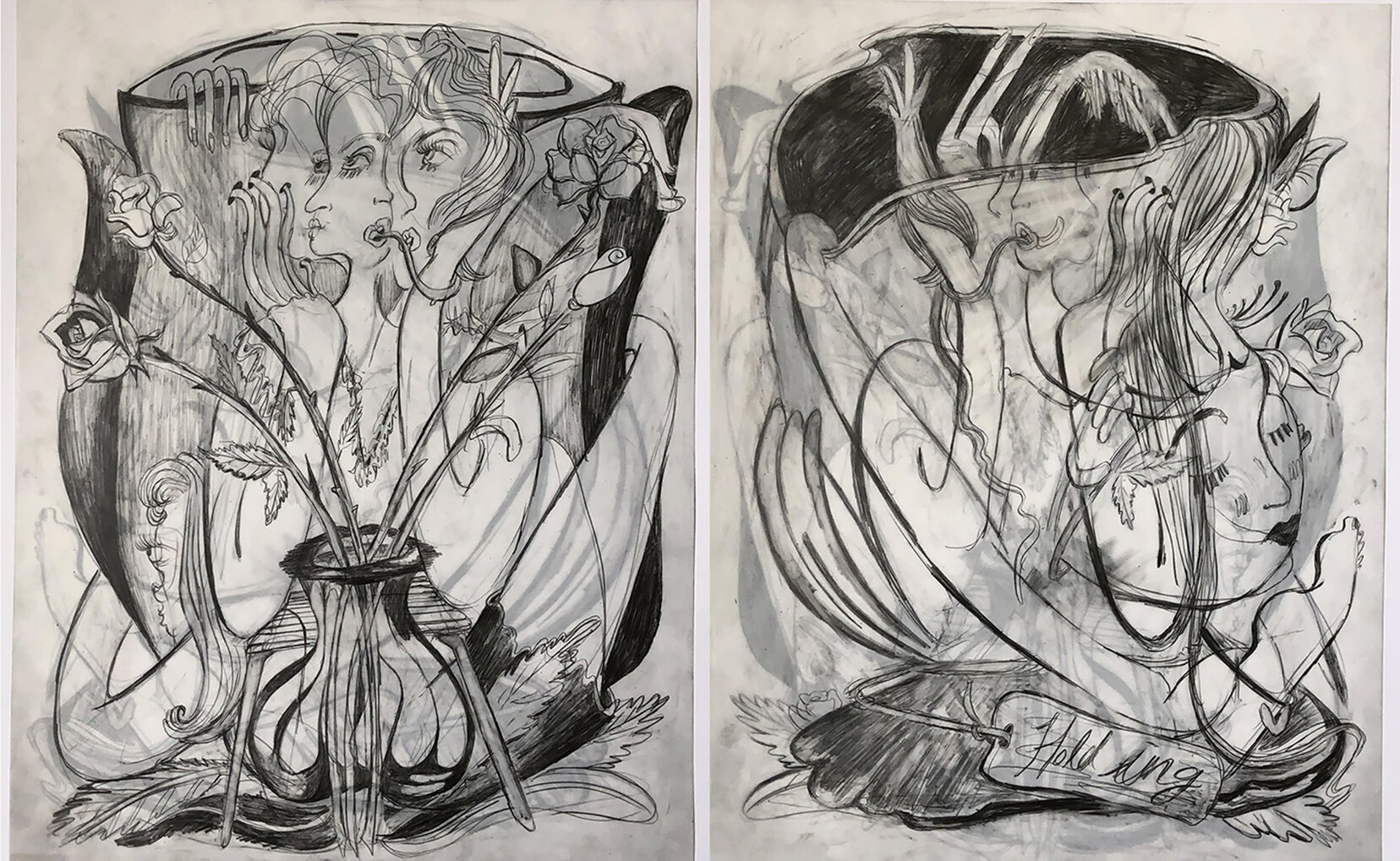   Flowereaters/ Holed in Head,  2020, graphite on translucent Yupo paper (front-and-back drawings), 11 x 14 inches 