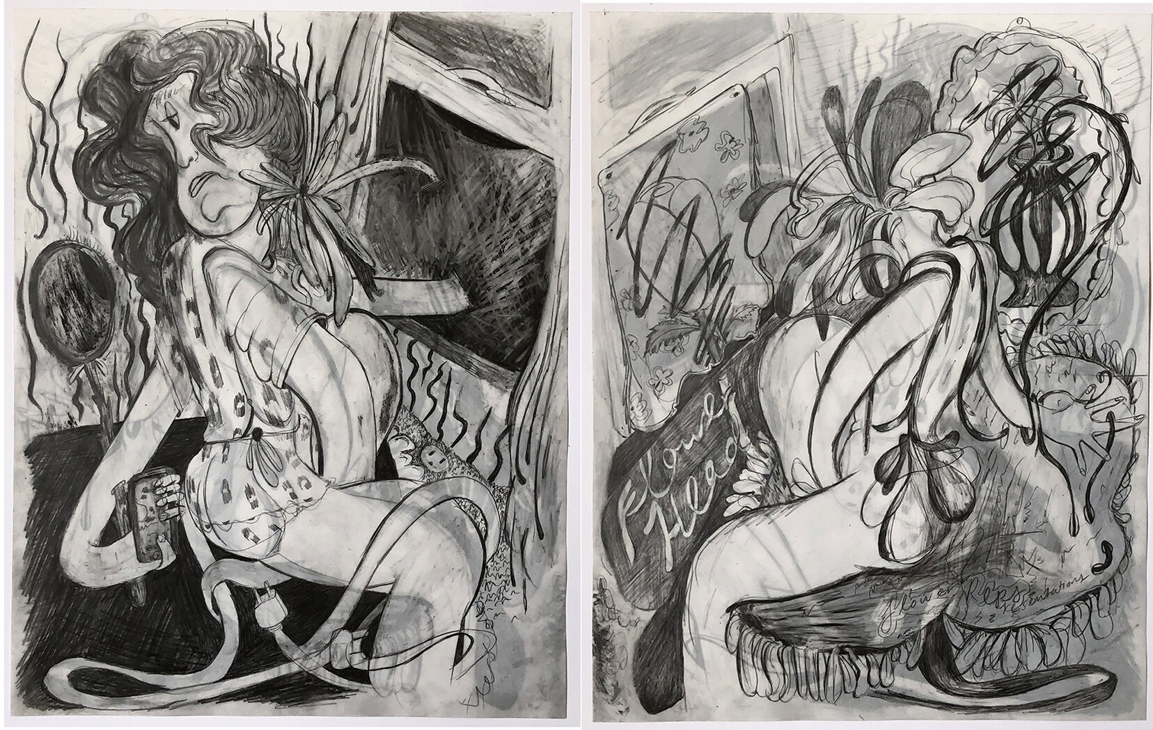   Screens, snakes, stems/ flowerhead , 2020, graphite on translucent Yupo paper (front-and-back drawings), 11 x 14 inches 