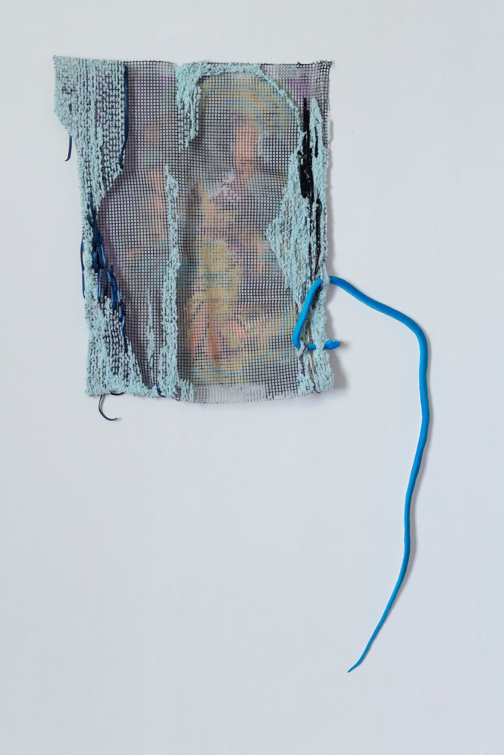   Long Distance Cheshire , 2018, yarn, fake leather, plastic snake on painted latch hook canvas, approximately 20 x 33 inches 