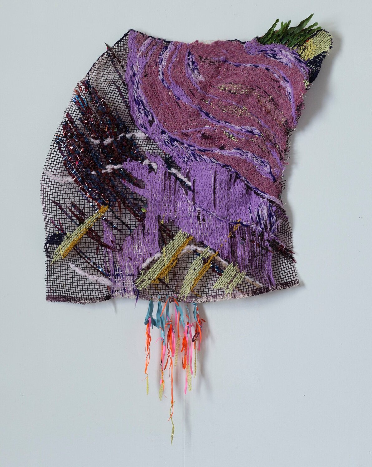   Old fire makes new (purple prosaical) , 2020, yarn, plastics, cut-up transparency paper paintings on latch hook canvas, approximately 18 x 22 inches 