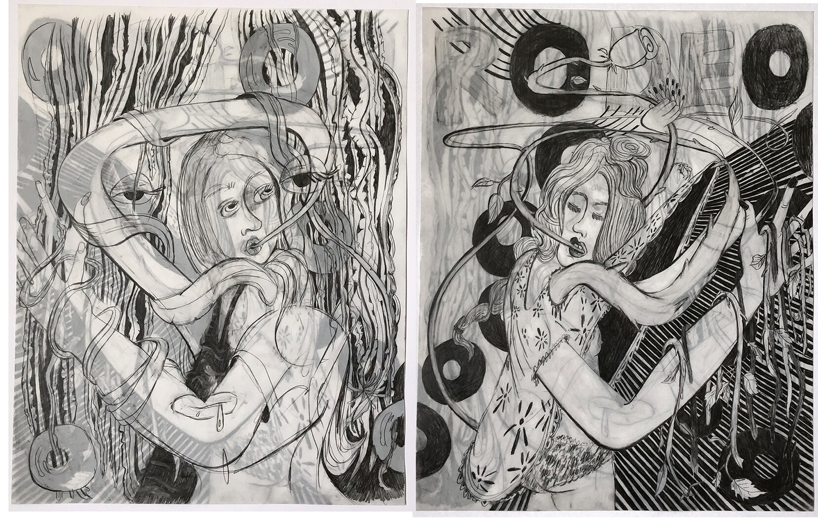   Sea Plant/Oh Oh Rodeo,  2020, graphite on translucent Yupo paper (front-and-back drawings), 11 x 14 inches 