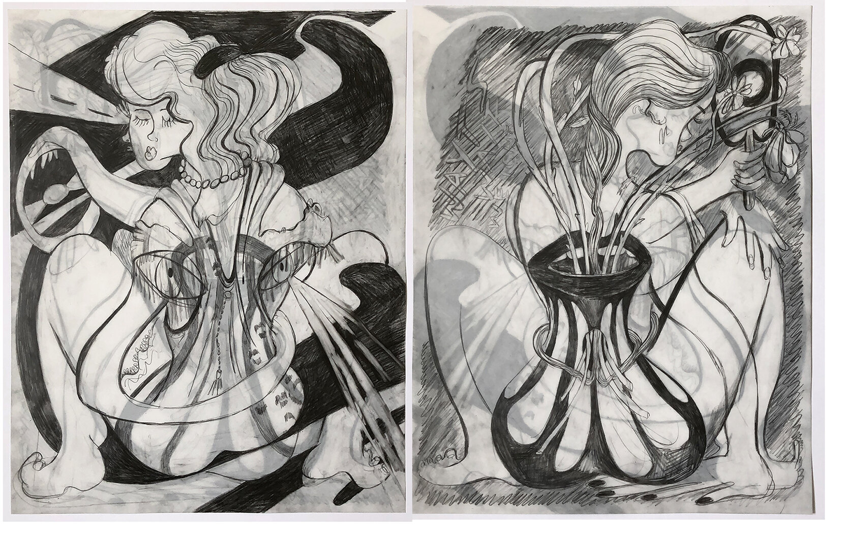   Nightvision,  2020, graphite on translucent Yupo paper (front-and-back drawings), 11 x 14” 