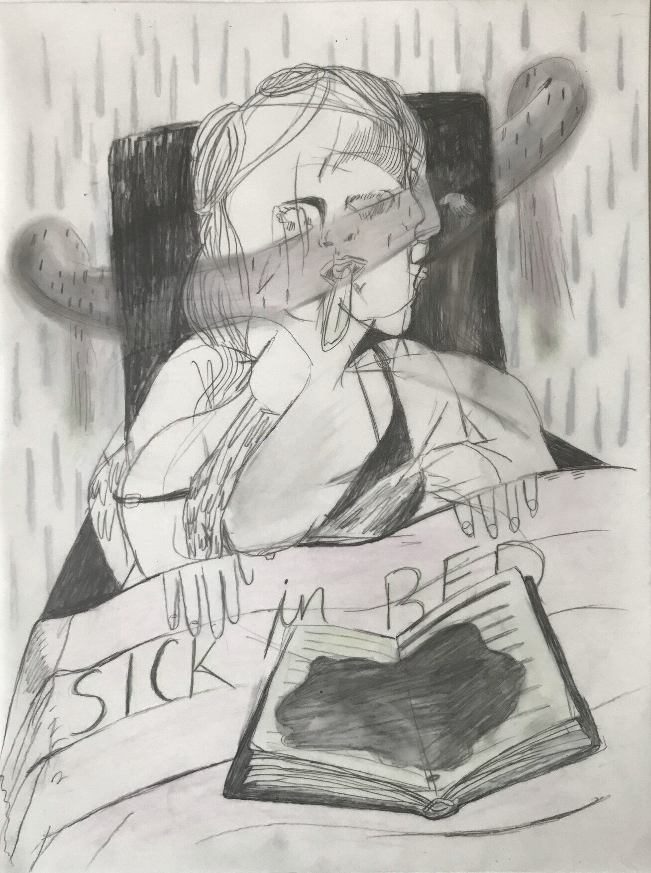   Sick in bed , 2019, graphite and colored pencil on Yupo paper, 8 x 11 inches 