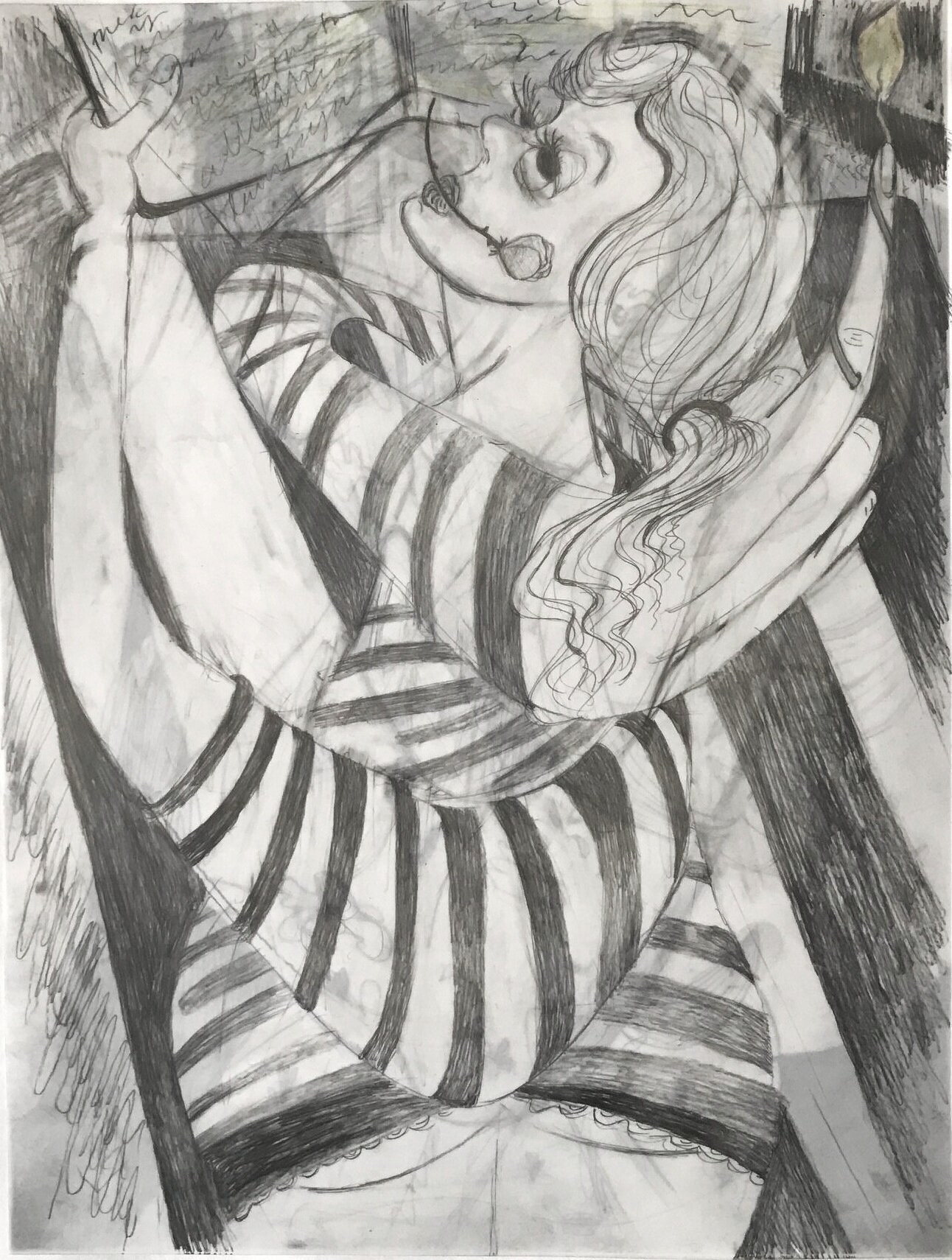   Night Read,  2020, graphite and colored pencil on translucent Yupo paper (one side of front-and-back drawing), 8 x 11 inches 