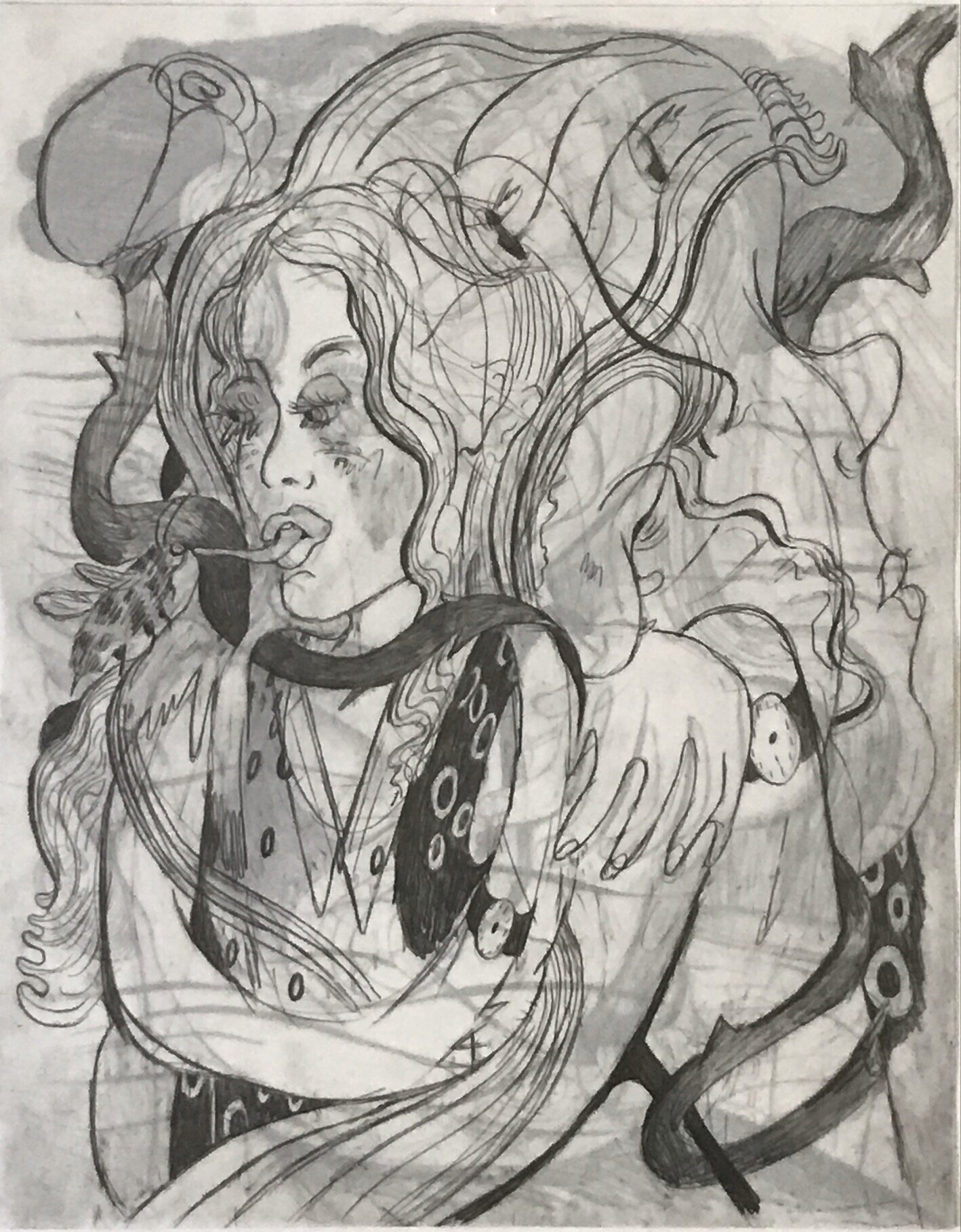   Honey time (nostalgique) ,  2020, graphite on translucent Yupo paper (one side of a back-and-front drawing), 11 x 14 inches 