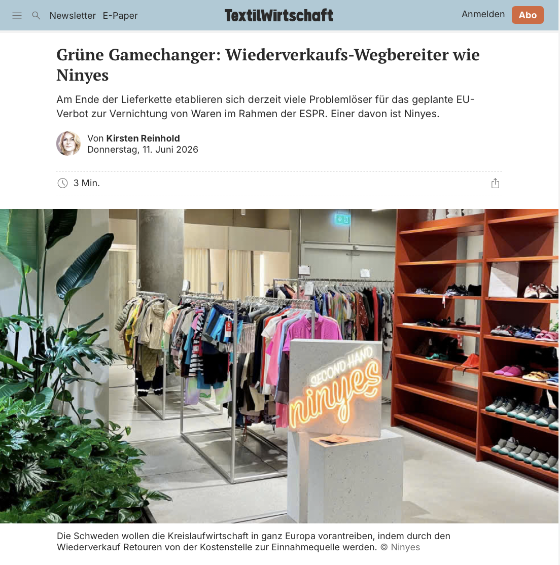Ninyes named a circular-economy pioneer by Germany's leading fashion trade title