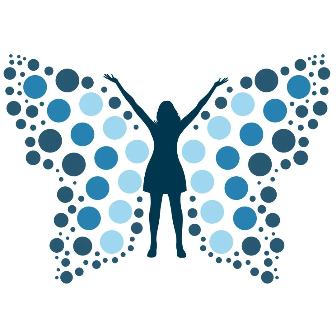 Silhouette of a woman with butterfly wings made of blue dots, raising her arms