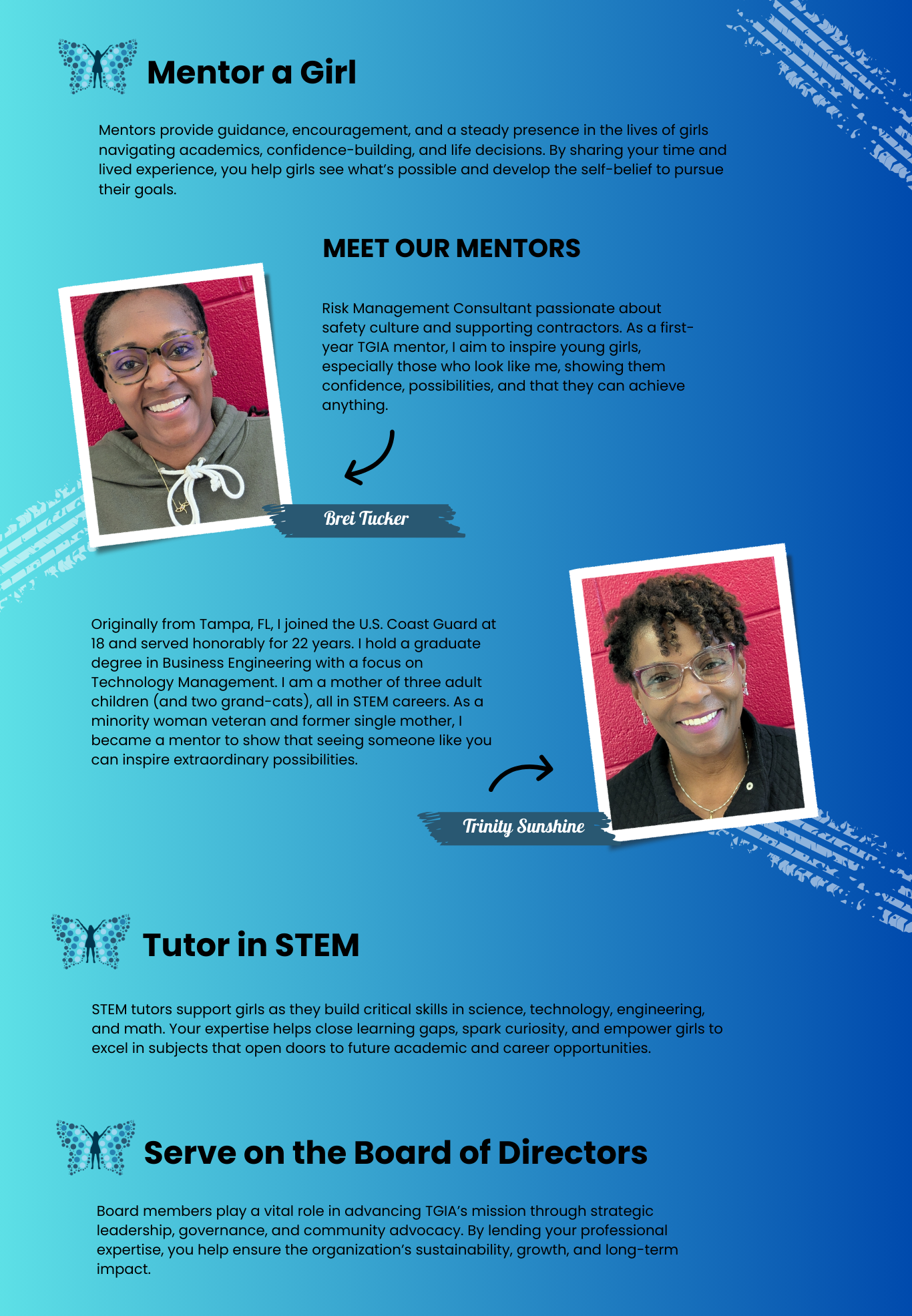A graphic design featuring two mentors, Brei Tucker and Trinity Sunshine, with their photos and descriptions. The background is blue with butterfly logos at the top and bottom, and sections titled 'Mentor a Girl,' 'Meet Our Mentors,' 'Tutor in STEM,' and 'Serve on the Board of Directors.'