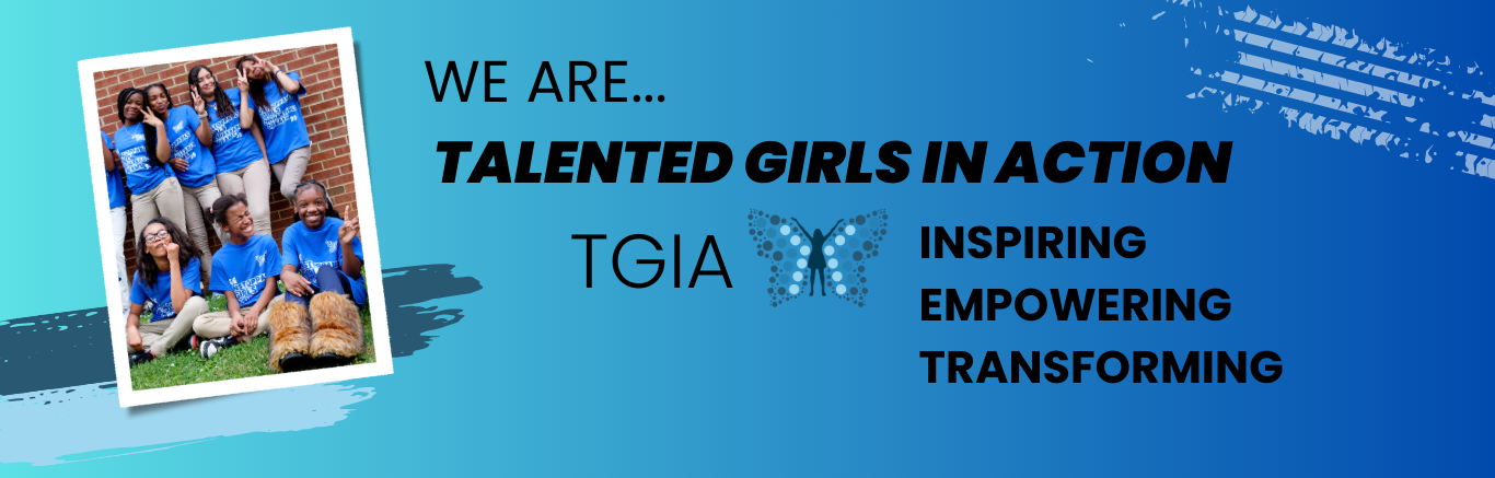 Group photo of seven girls in blue T-shirts and beige pants, standing and sitting outside against a brick wall, with a butterfly logo and text about girls' empowerment and transformation.