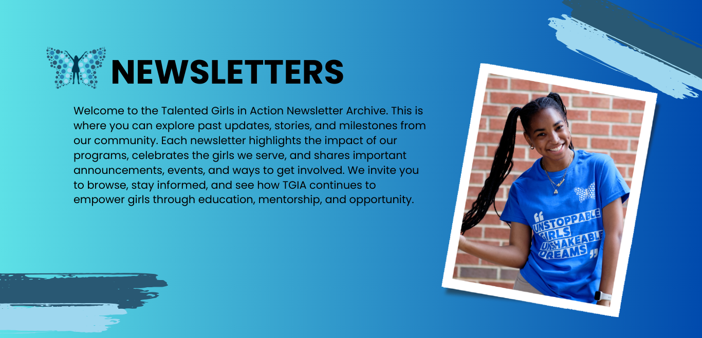 Newsletter webpage with blue background, butterfly logo, and a smiling girl wearing a blue T-shirt with the words 'Unstoppable Girls Unshakeable Dreams' written on it, leaning against a brick wall.