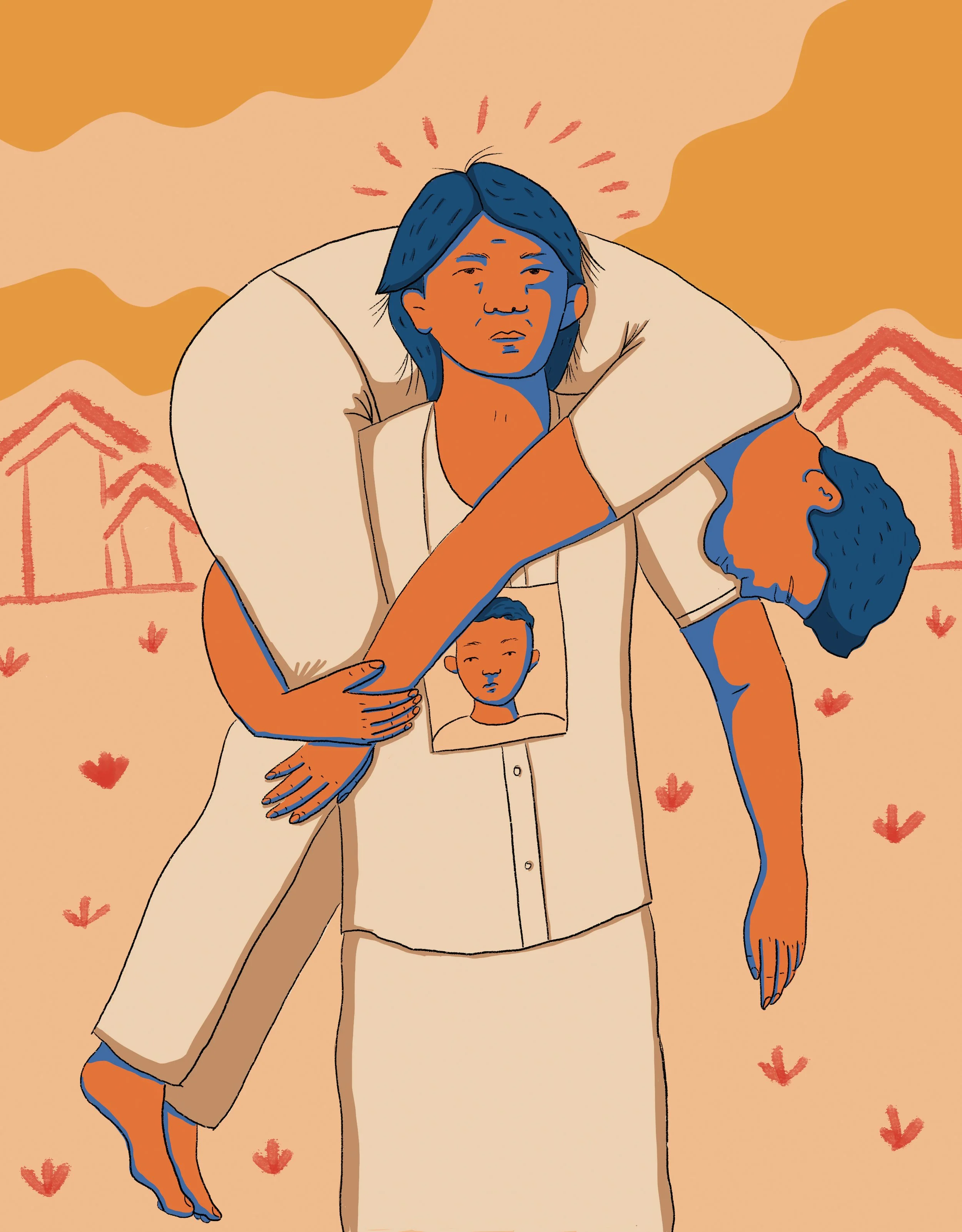 Woman carrying her son on her shoulders