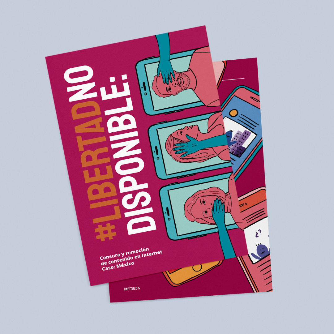 "Libertad no disponible". Three cellphones with a person in each, the first is a woman with a hand covering her mouth, the second is a woman looking to the side with a hand covering her ears and the third is a man with a hand covering his eyes