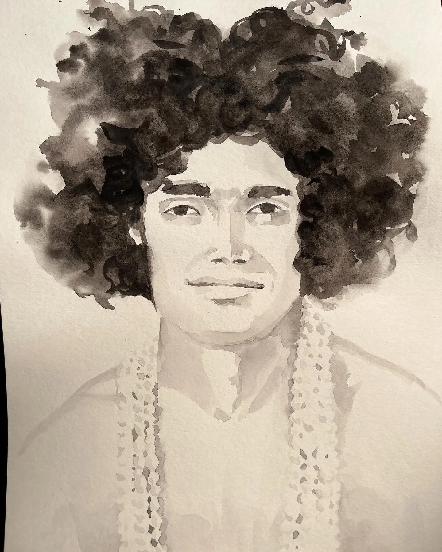 I sat in a cafe across from the ashram in Puttaparthi, listening to the chants of the ongoing Rudra Maha Yajna. I lost myself and painted Baba. I never noticed before how beautiful he is. 

Watercolour on paper. 

Om Sai Ram❤️