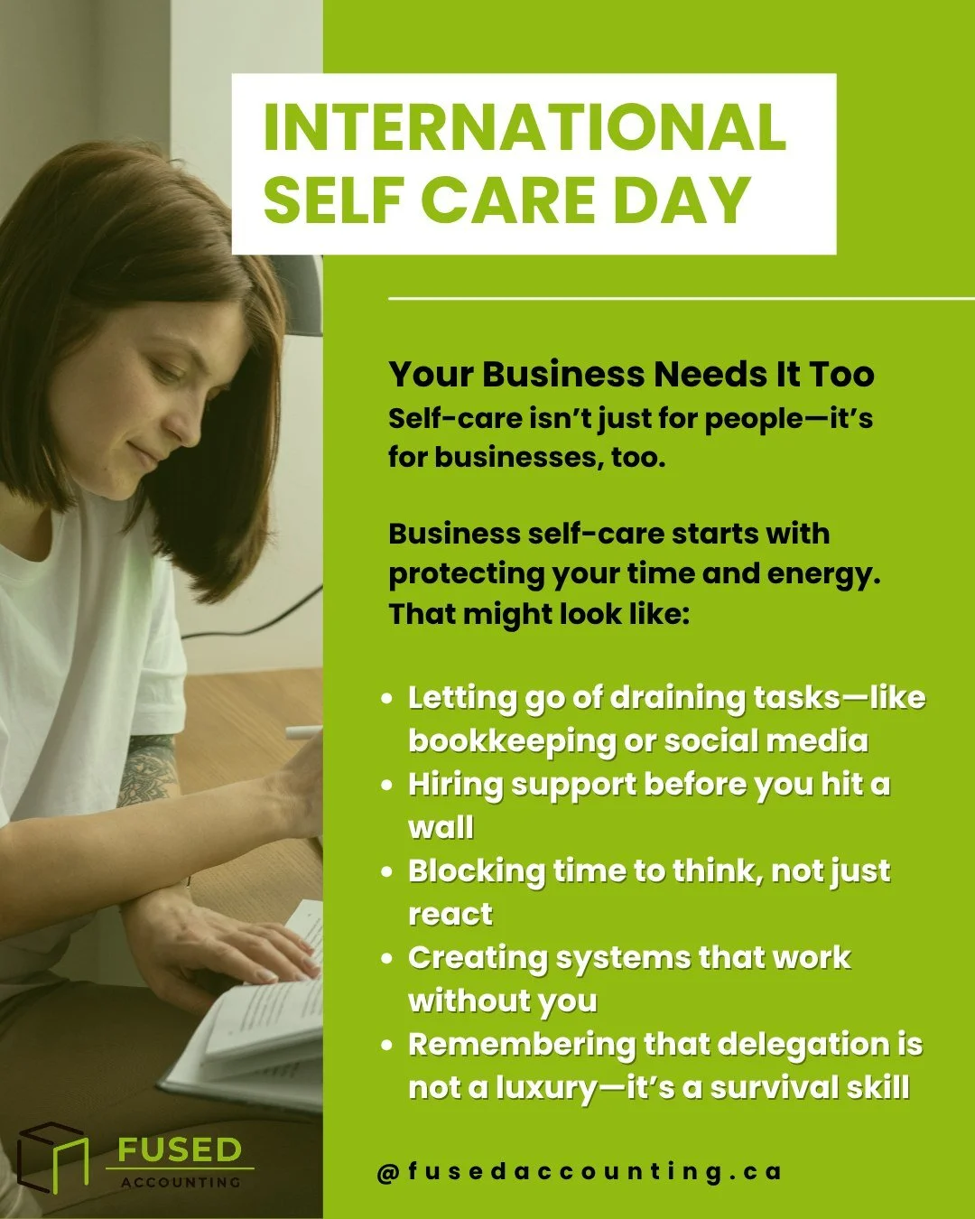 It&rsquo;s International Self-Care Day! 🌱 Remember: self-care isn&rsquo;t just for you&mdash;it&rsquo;s for your business, too.

Stop trying to do it all. Buy back your time (literally!) by delegating tasks, hiring support, and building systems that