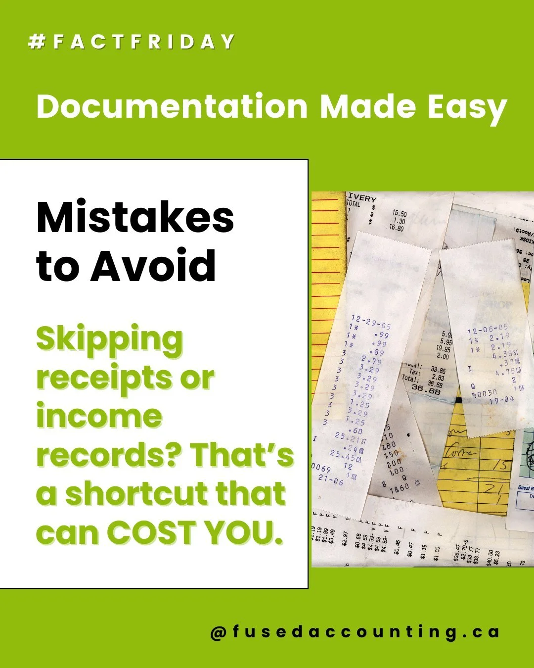 📌 Documentation Made Easy &ndash; Mistakes to Avoid

🚫 Skipping receipts or income records? That&rsquo;s a shortcut that can cost you.
If the CRA ever calls for a review or audit, they&rsquo;ll want proof&mdash;and that&rsquo;s where most business 