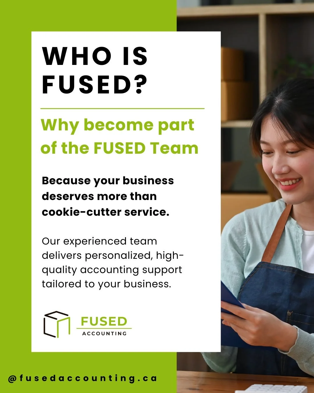 Why become part of the FUSED Team

Because your business deserves more than cookie-cutter service. Our experienced team delivers personalized, high-quality accounting support tailored to your business&mdash;so you can make informed decisions and grow