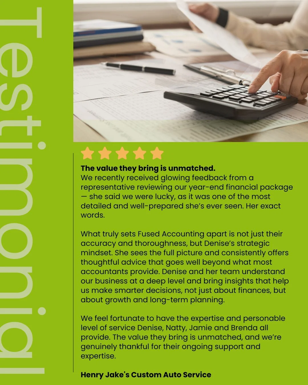 Client Testimonial Spotlight

At the heart of our work is your satisfaction &mdash; it's what drives us to deliver the best, every time.
We&rsquo;re truly grateful for your trust and feedback. Every comment helps us grow and serve you 
better. 

#str