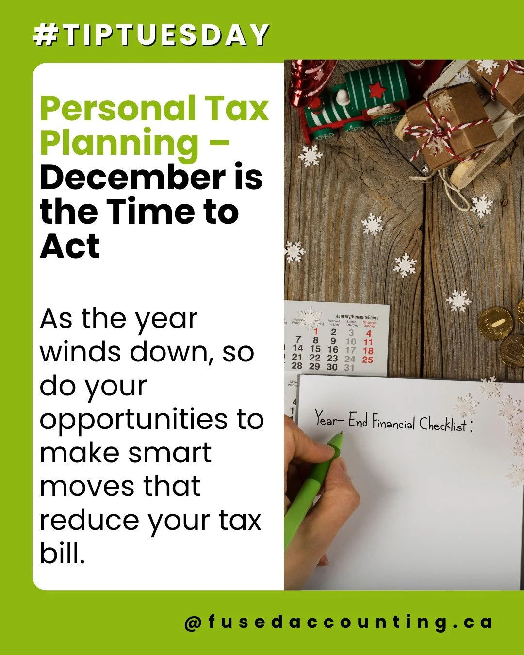 As the year winds down, so do your opportunities to make smart moves that reduce your tax bill. December is your window to act &mdash; and a few key steps now can make a big difference come spring.
Before December 31st, consider:
&bull;	Maximizing RR