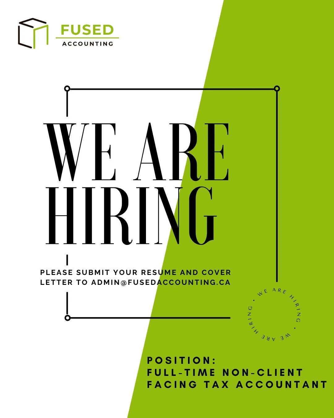 Fused Accounting Services is hiring for the position of a Full-Time Non-Client Facing Tax Accountant

We&rsquo;re looking for an experienced CPA (retired or semi-retired welcomed!) to join our growing team in a behind-the-scenes tax review role.

For