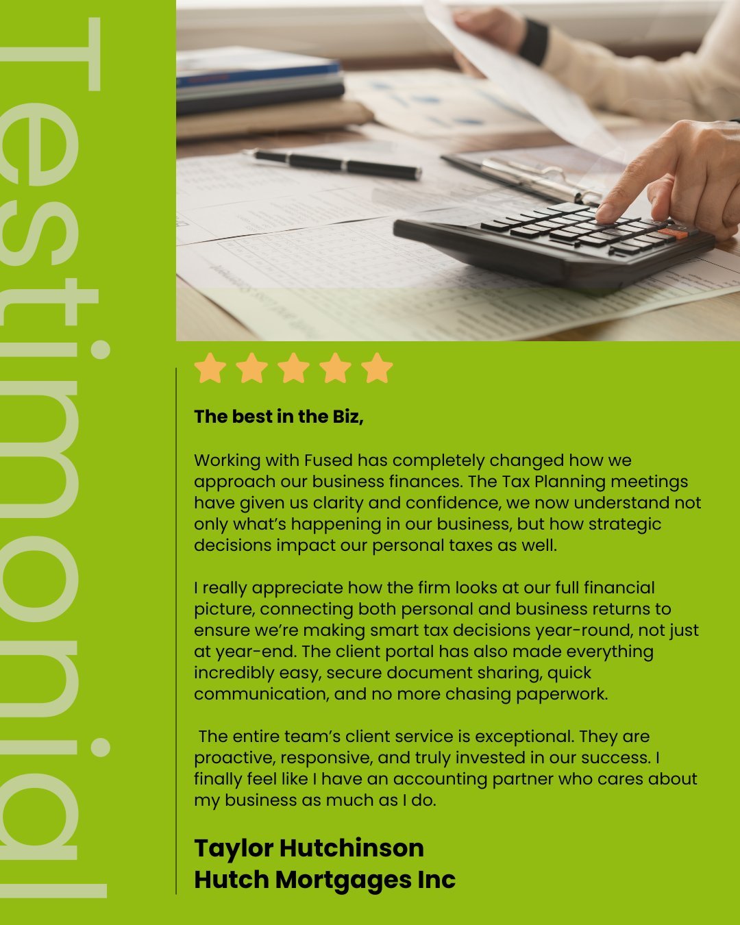 Client Testimonial Spotlight

At the heart of our work is your satisfaction &mdash; it's what drives us to deliver the best, every time.

We&rsquo;re truly grateful for your trust and feedback. Every comment helps us grow and serve you 
better. 

#st