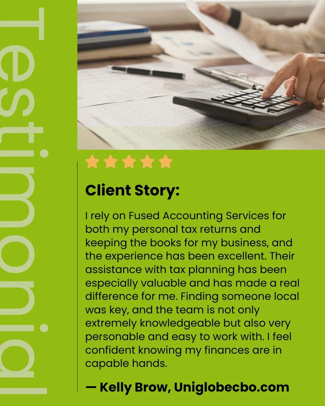 Client Testimonial Spotlight

We deliver professional, reliable, and supportive bookkeeping and advisory services to businesses.

Fused Accounting helps your business make sense of the numbers so you can have peace of mind.

#striveforexcellence #Suc