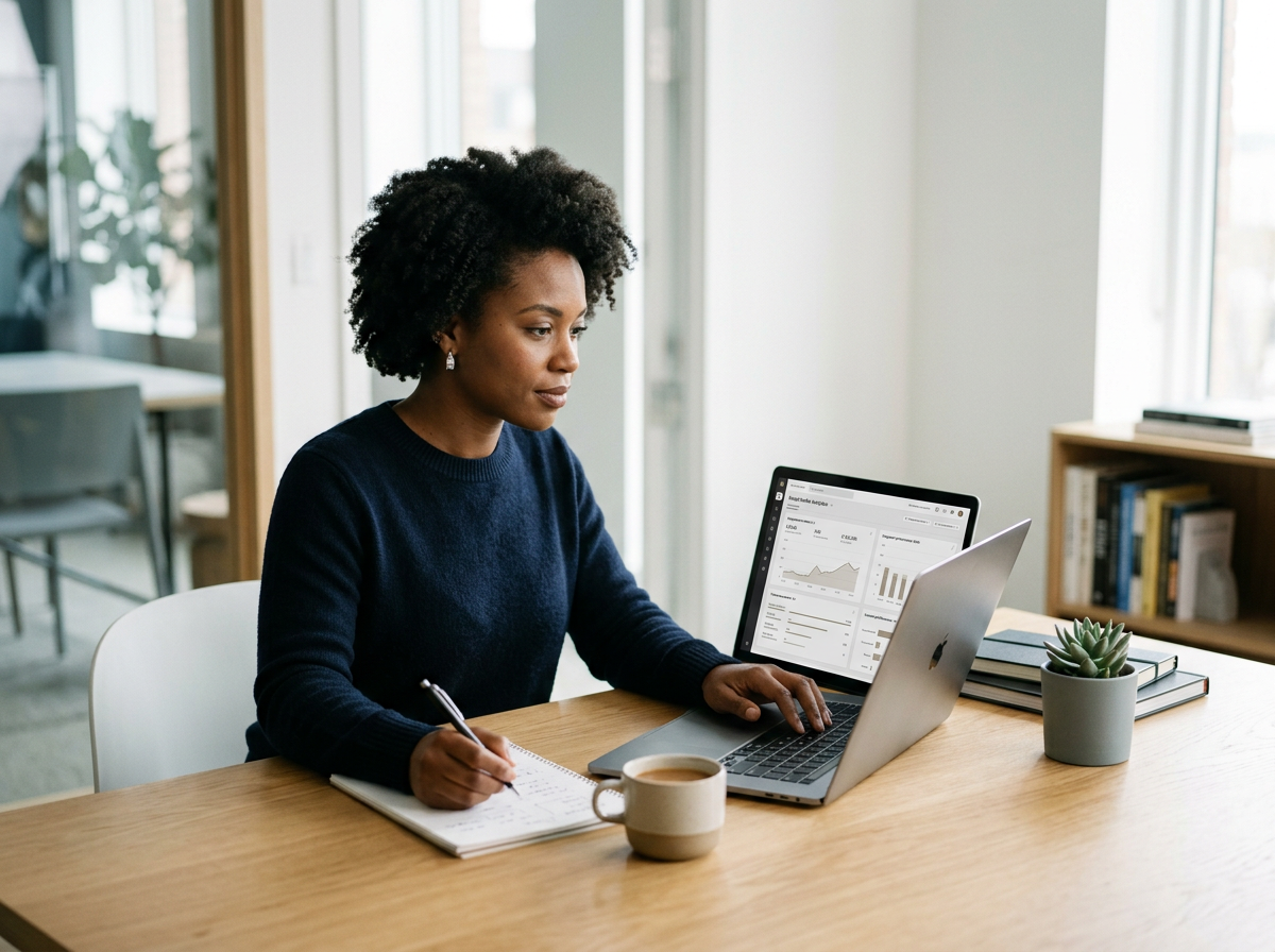 Una mujer trabajando en una oficina de estrategias digitales , usando una computadora portátil y tomando notas con un bolígrafo, con una taza de café frente a ella y una planta en el escritorio.