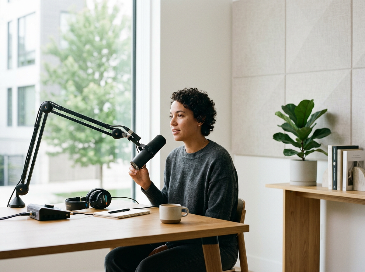 Mujer grabando un podcast en una oficina de estrategias digitales con planta y vista a la calle