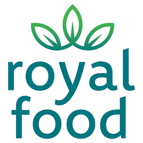 A graphic representation of green leaves above "royal food"