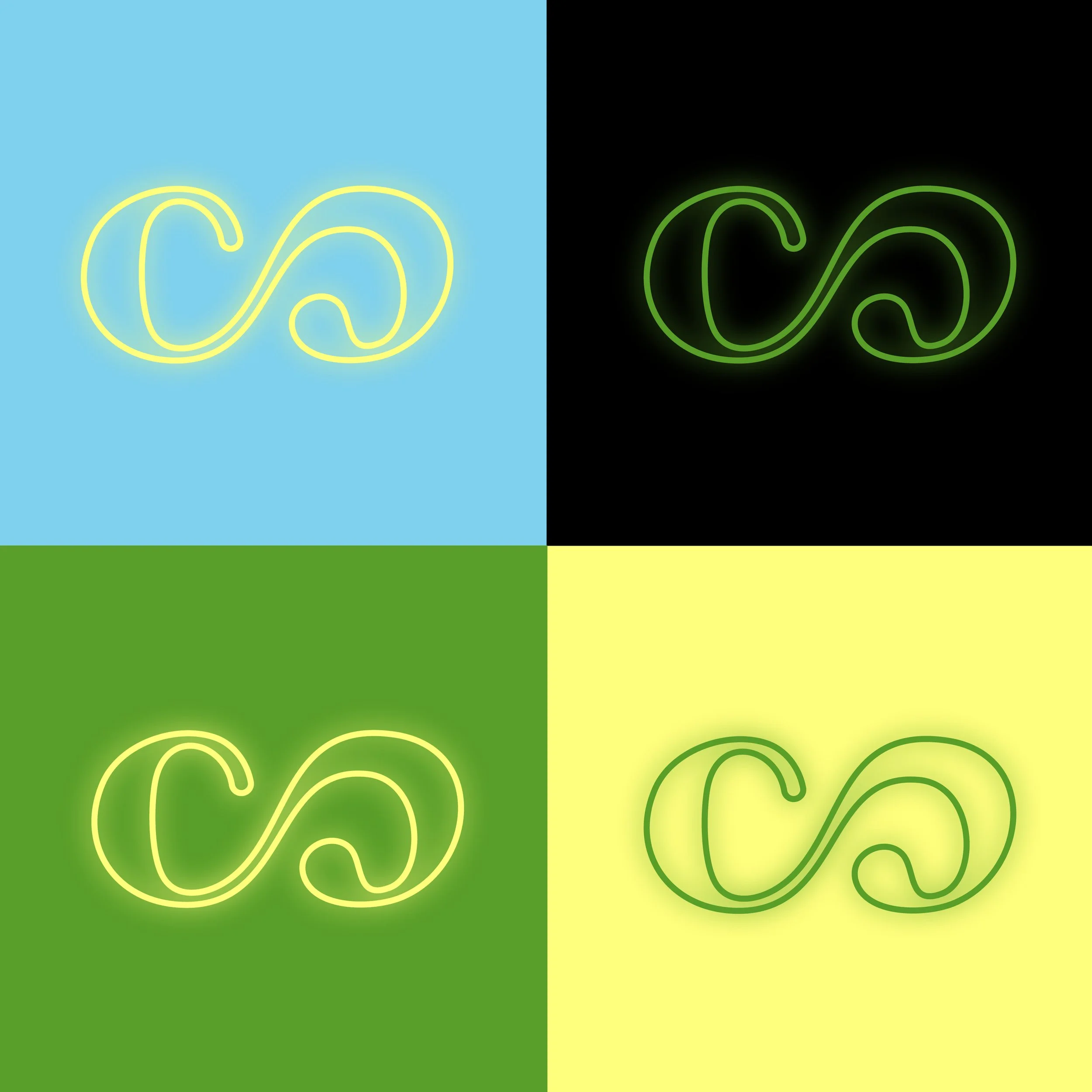 A square collage showing a neon yellow infinity sign on a light blue background, a green infinity sign on a black background, a neon yellow infinity sign on a green background, and a green infinity sign on a yellow background.