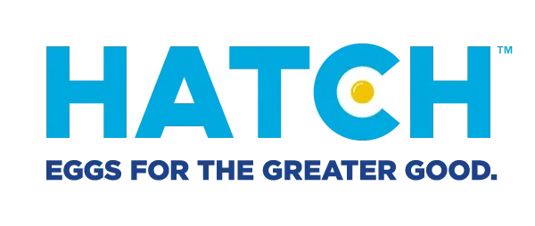 Hatch for Hunger logo says "HATCH" in light blue with a fried egg/yolk inside the C, and "eggs or the greater good" in dark blue underneath