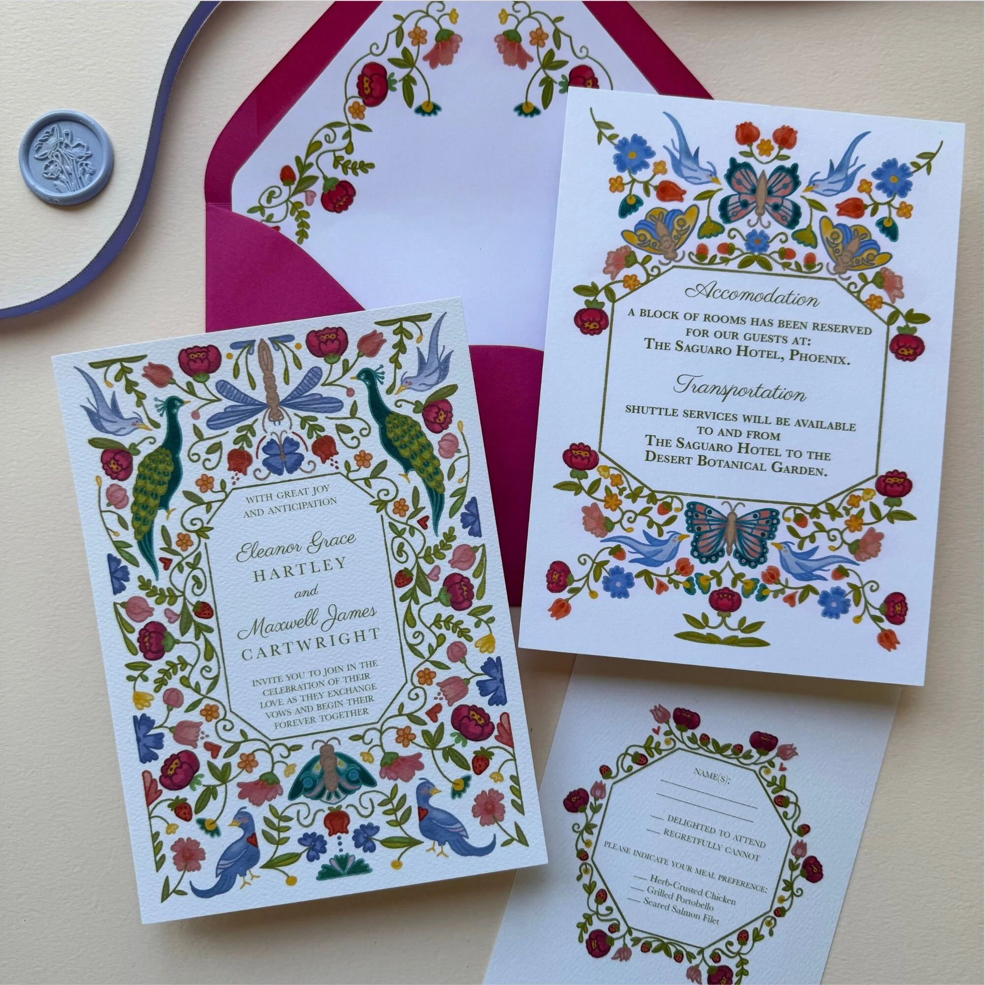 Wedding invitation with colorful floral and bird illustrations, including butterflies and peacocks, on white paper.