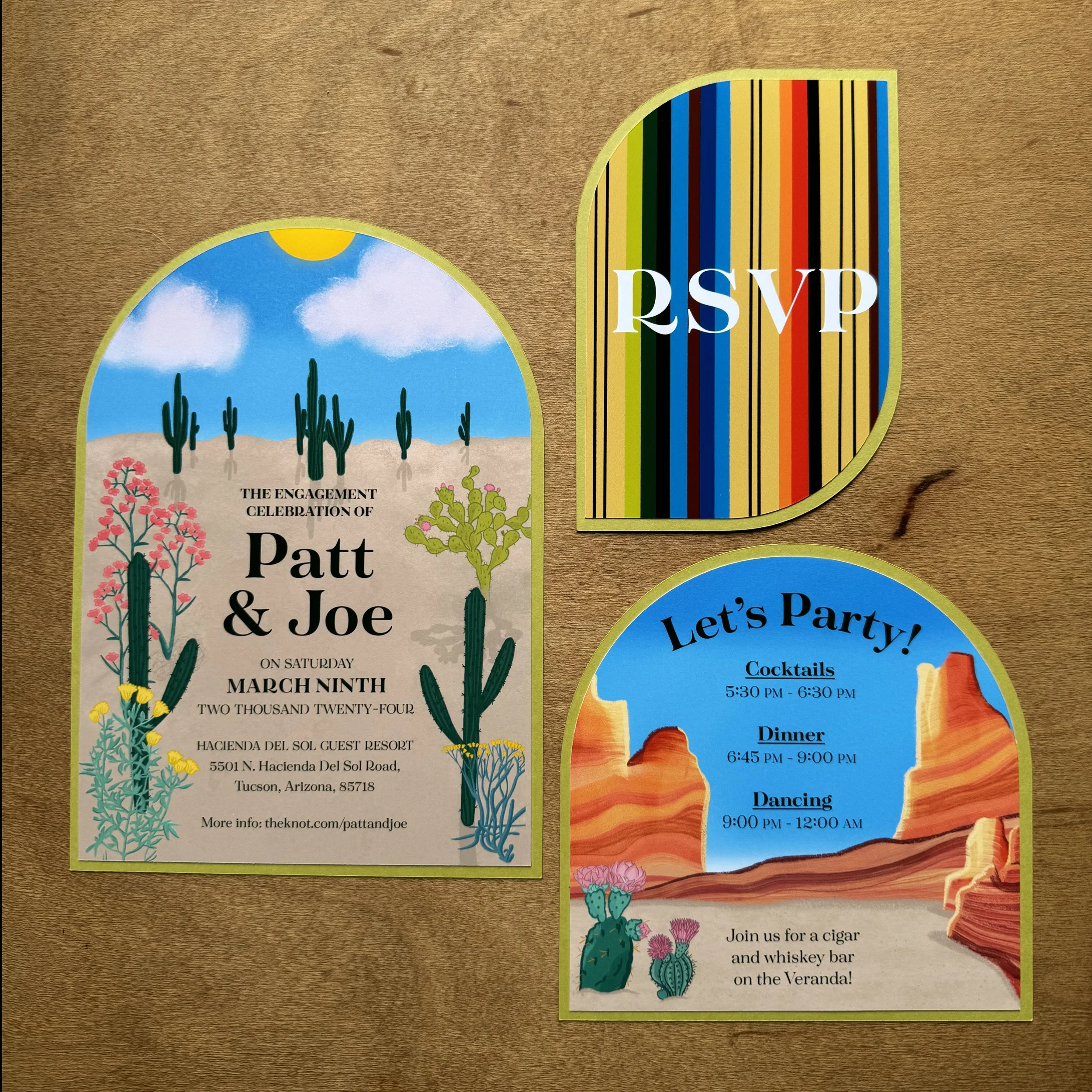 Three colorful party invitations on a brown background, including an engagement celebration for Patt and Joe with cactus and desert imagery, an RSVP card with rainbow stripes, and a desert-themed party invitation with cacti and a blue sky, for cocktails, dinner, and dancing.