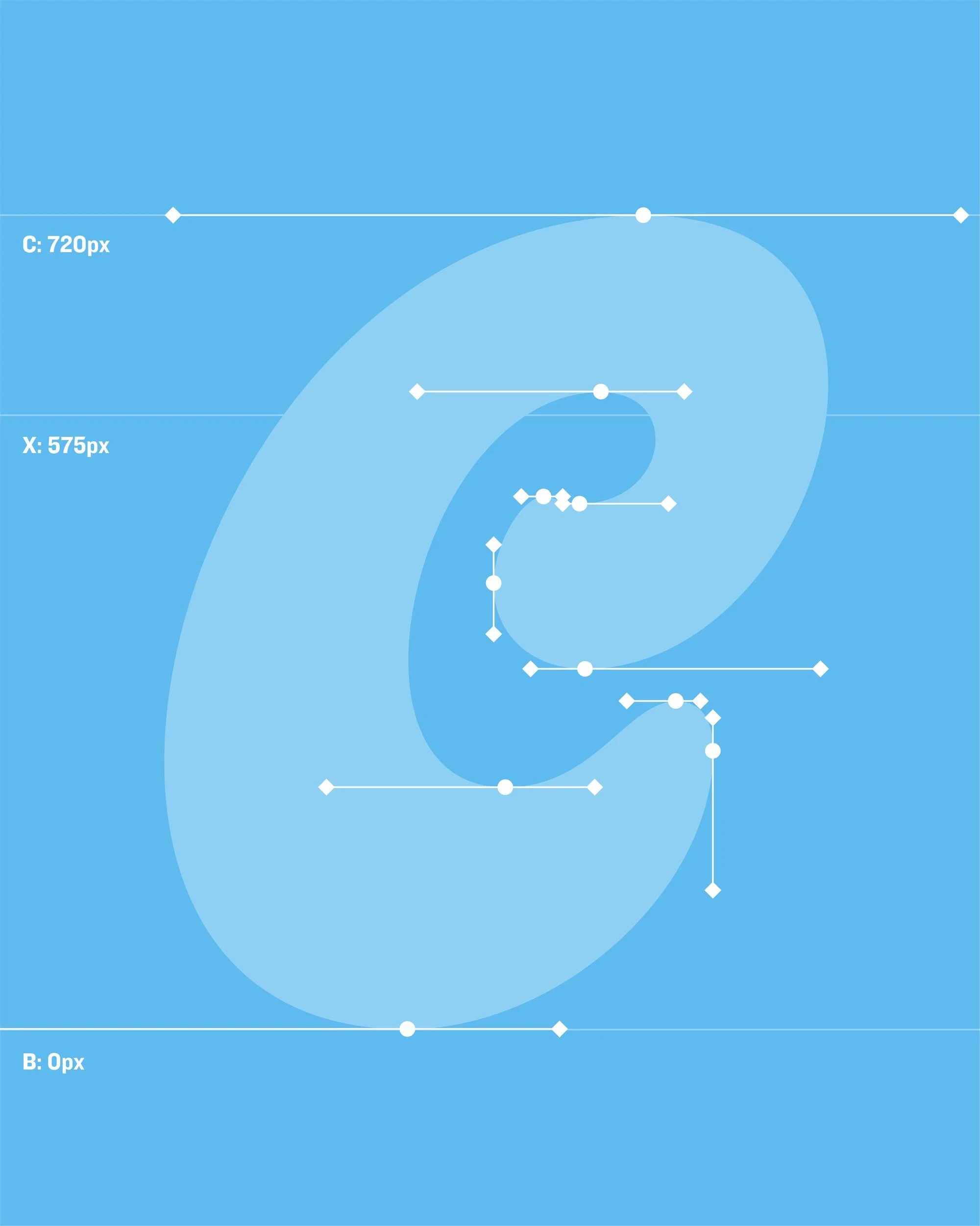 Construction drawing of the Crave letterforms with curve and spacing guides