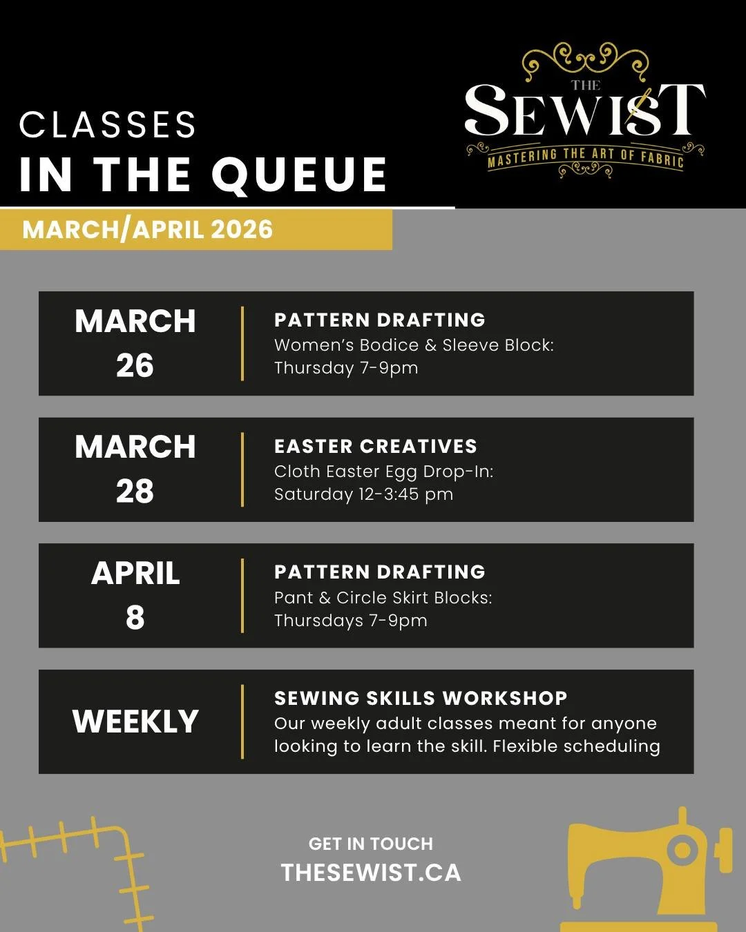If you&rsquo;ve been thinking about signing up for a sewing class, these are some of our upcoming classes/workshops we currently have open for registration! 🧵
Additional details can be found at TheSewist.ca 

 #SaintjohnNB #sewinglessons #uptownsain