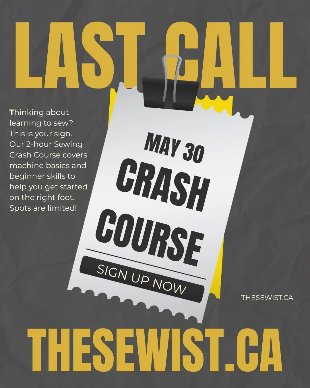 Last call for our Sewing Crash Course 🧵

This is the final Crash Course before we break for the summer! If you've been thinking about learning to sew, now's the time to jump in. 

In just two hours, (1:30 PM to 3:30)  you'll get familiar with the se